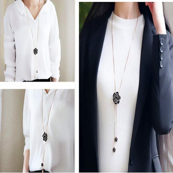 Rhinestone Black Rose Pendant Long Necklace for Women Sweater Chain Statement Ne - Picture 6 of 8